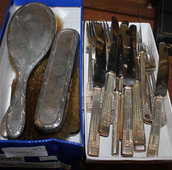 Silver brush set, cutlery & mixed plated wares